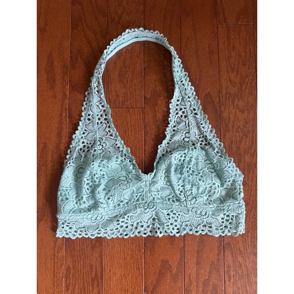 Aerie Mint Green Floral Lace Halter Bralette Scalloped Trim Size Large